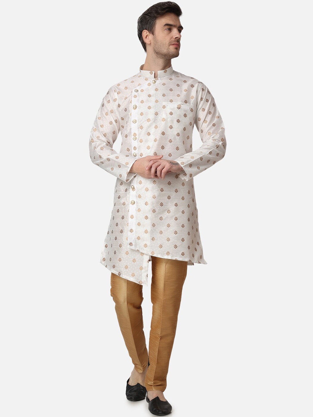 

ROYAL KURTA Floral Woven Design Mandarin Collar Jacquard Angrakha Kurta, White