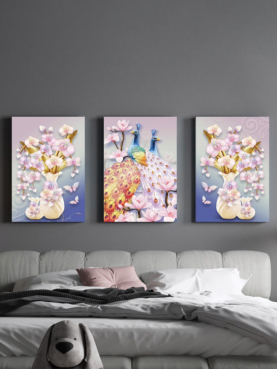 

Art Street Pink & Blue 3 Pieces Flower & Peacock Bird Painting Wall Arts