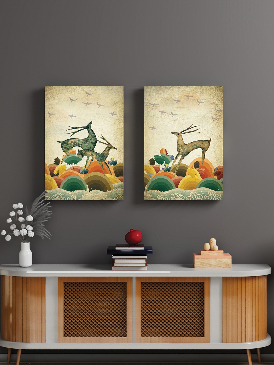 

Art Street Beige & Yellow 2 Pieces Two Dancing Deer In The Forest Painting Wall Arts