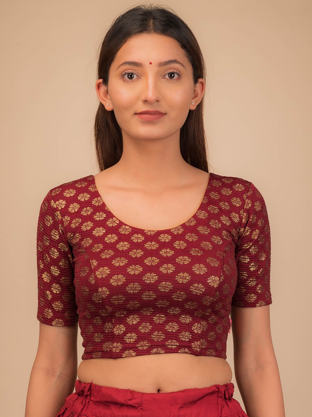 

Bindigasm's Advi Floral Printed Jacquard Stretchable Saree Blouse, Maroon