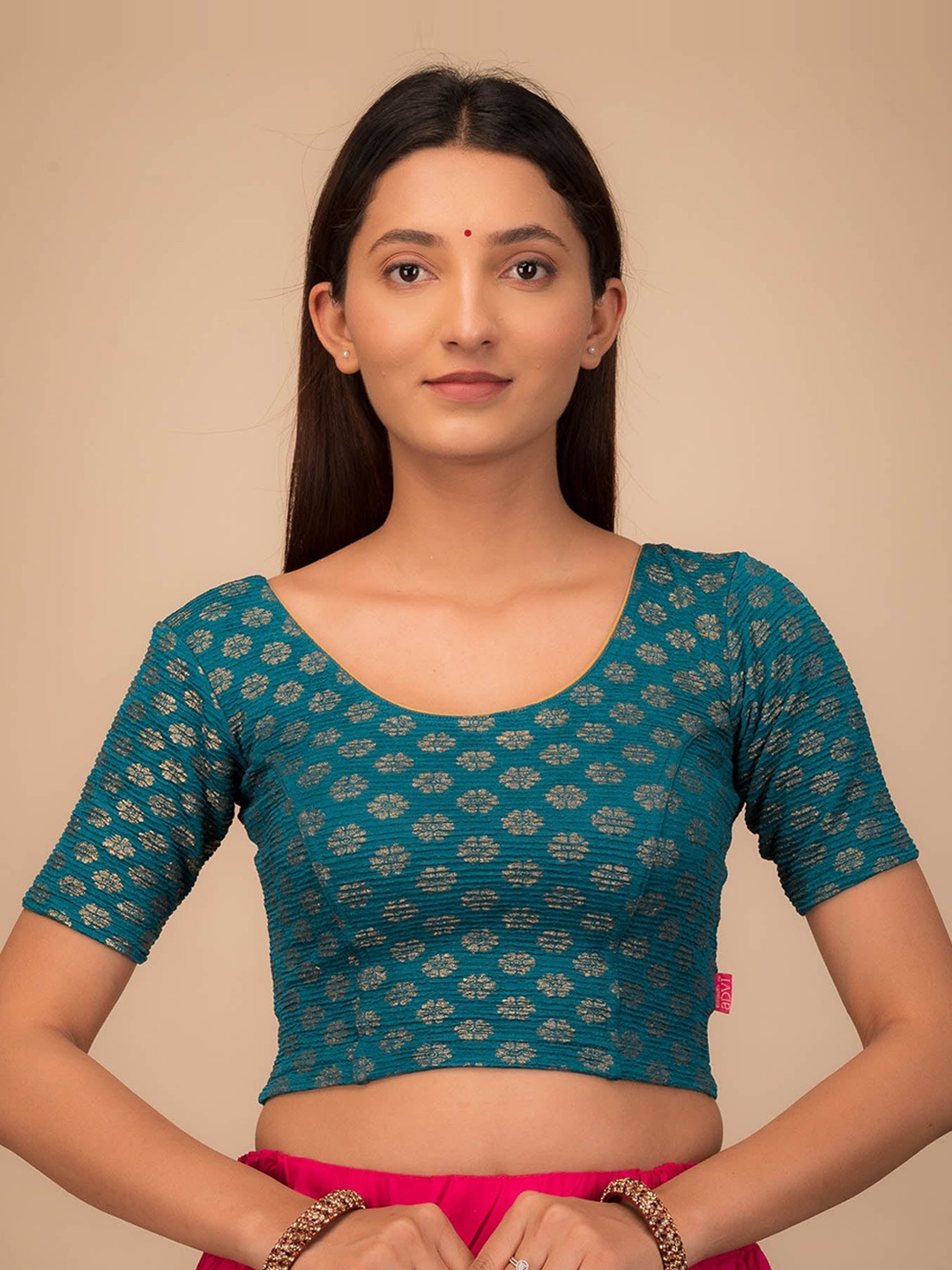 

Bindigasm's Advi Floral Printed Round Neck Jacquard Saree Blouse, Teal