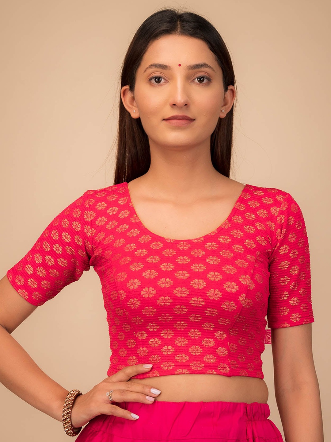 

Bindigasm's Advi Floral Woven Design Stretchable Princess Cut Saree Blouse, Pink