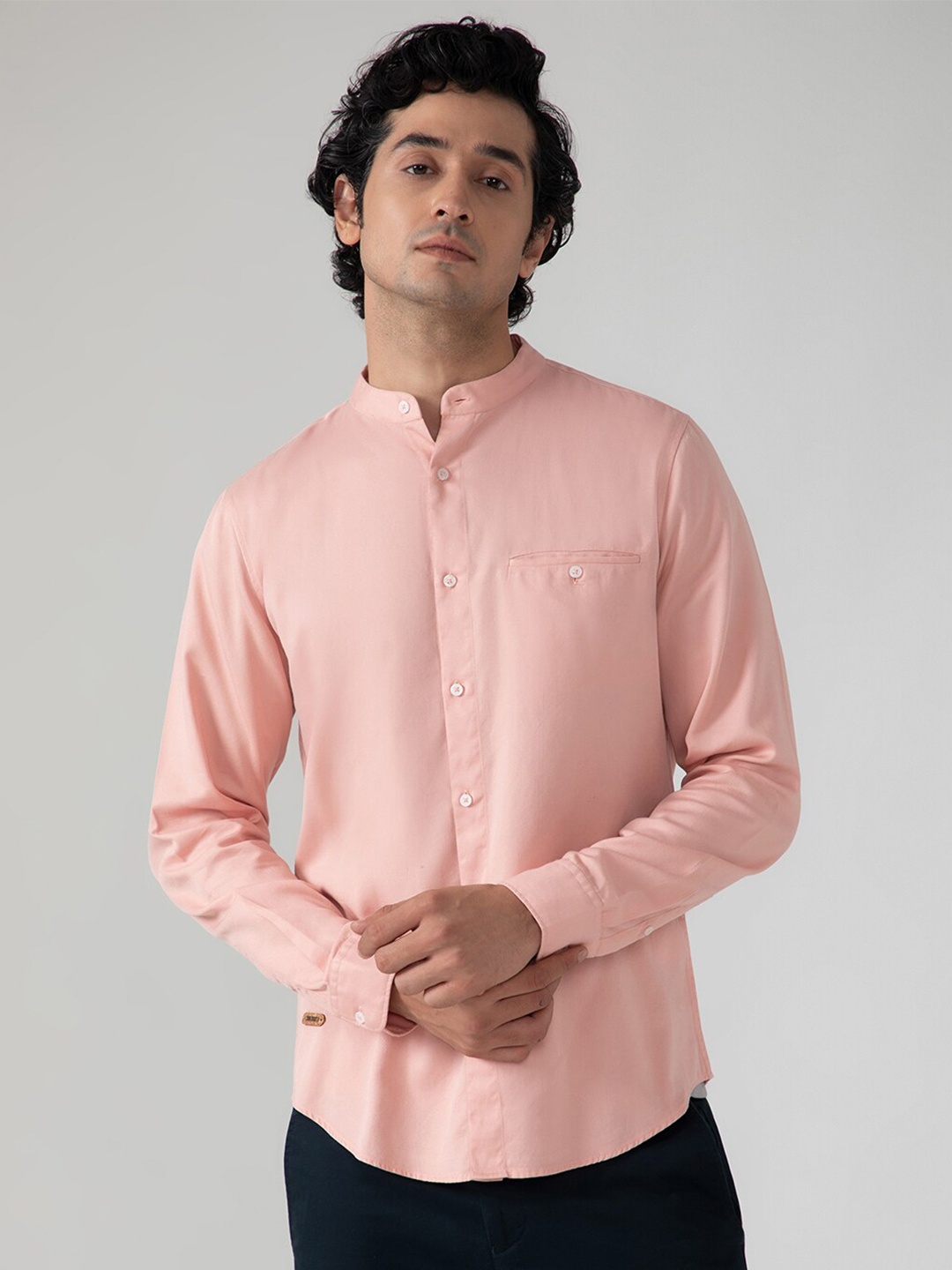 

SUBTRACT Band Collar Slim Fit Casual Shirt, Pink