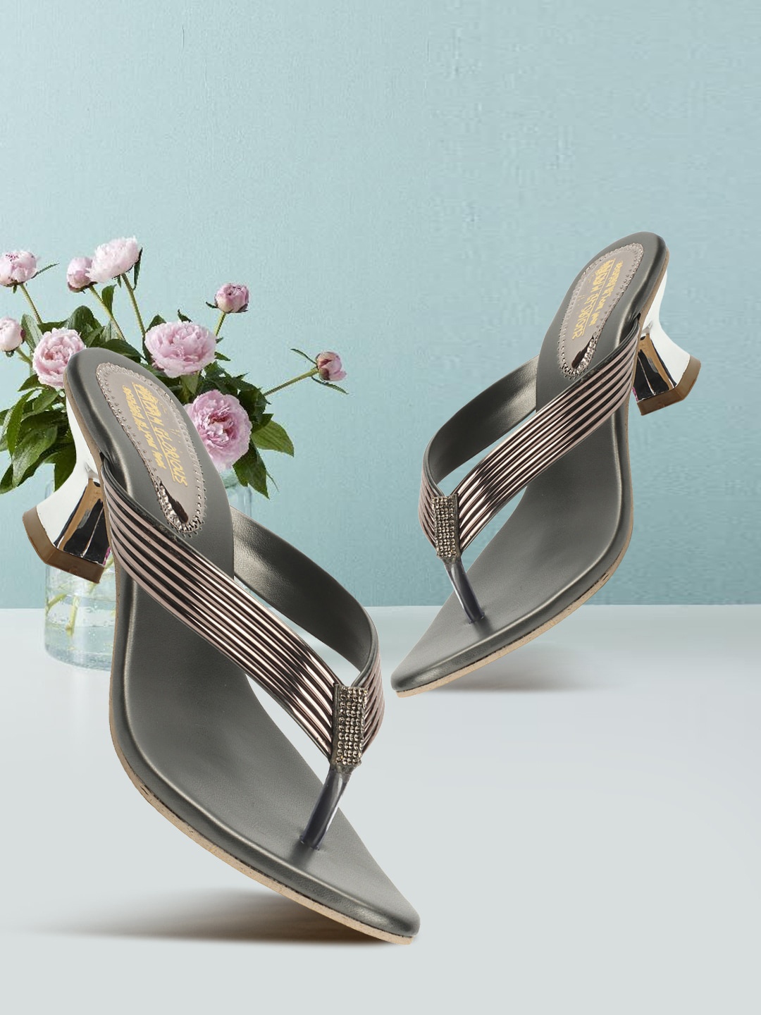 

madam glorious Embellished Open-Toe Block Heels, Grey