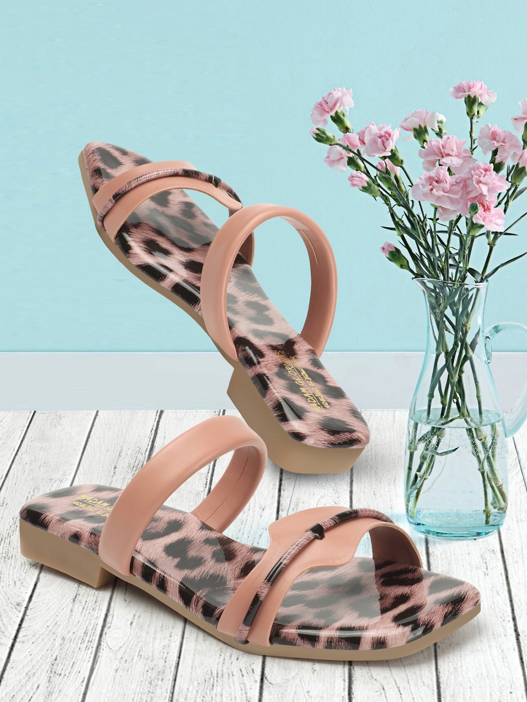 

madam glorious Printed Open Toe Flats, Peach