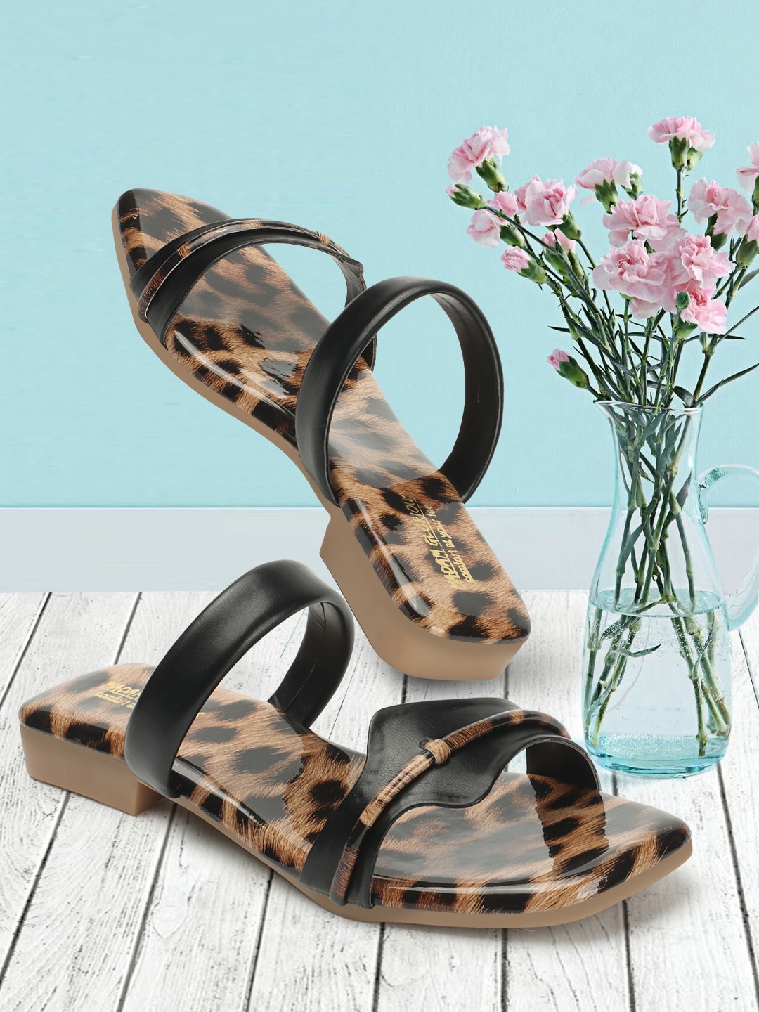 

madam glorious Printed Double Strap Open Toe Flats, Black