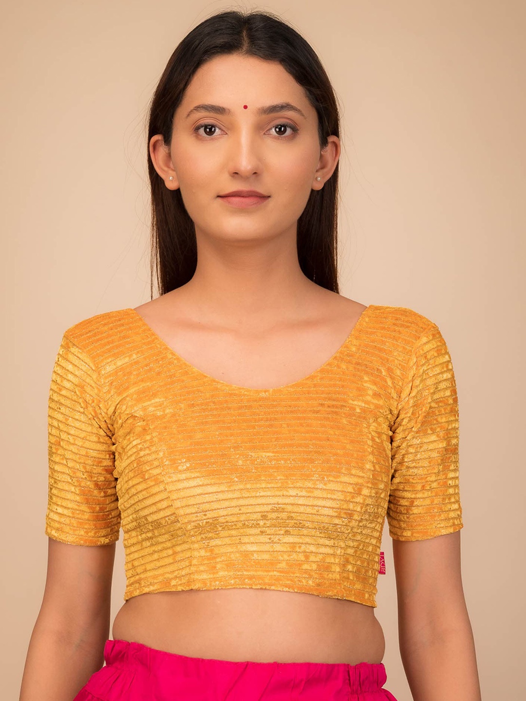 

Bindigasm's Advi Striped Zari Velvet Stretchable Princess Cut Saree Blouse, Mustard