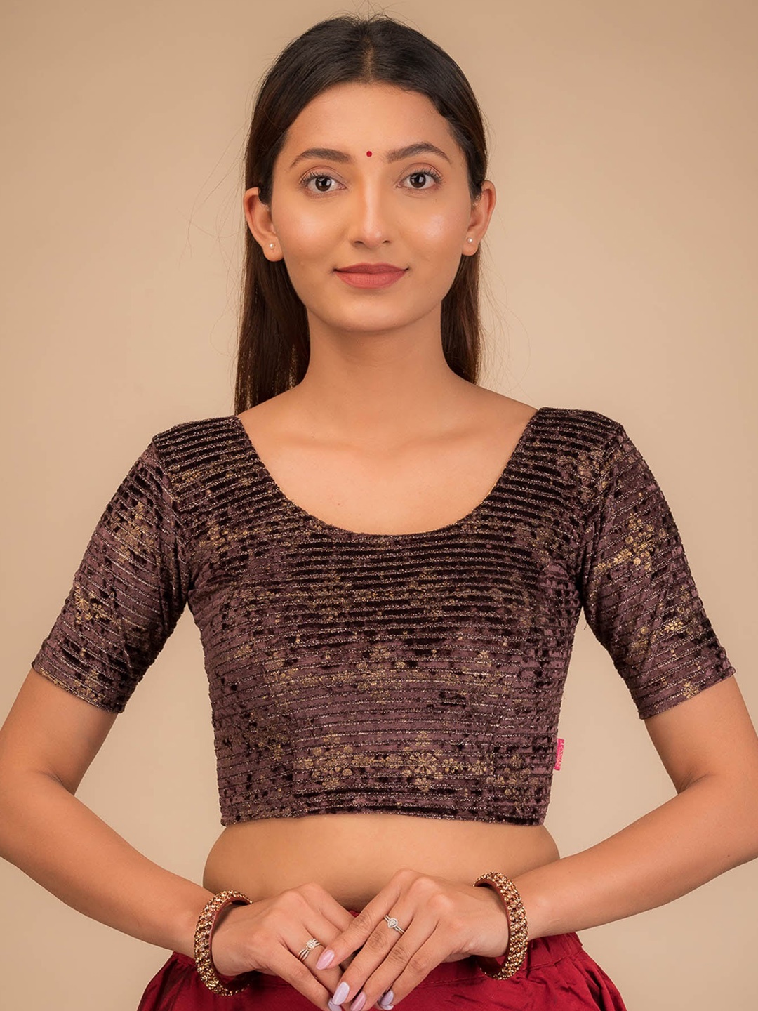 

Bindigasm's Advi Foil Printed Round Neck Velvet Saree Blouse, Coffee brown
