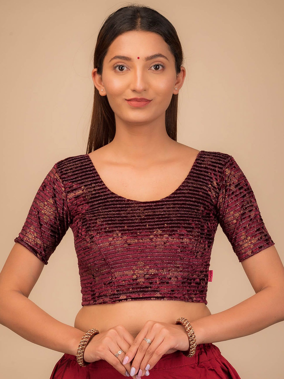 

Bindigasm's Advi Embellished Striped Zari Velvet Stretchable Saree Blouse, Maroon