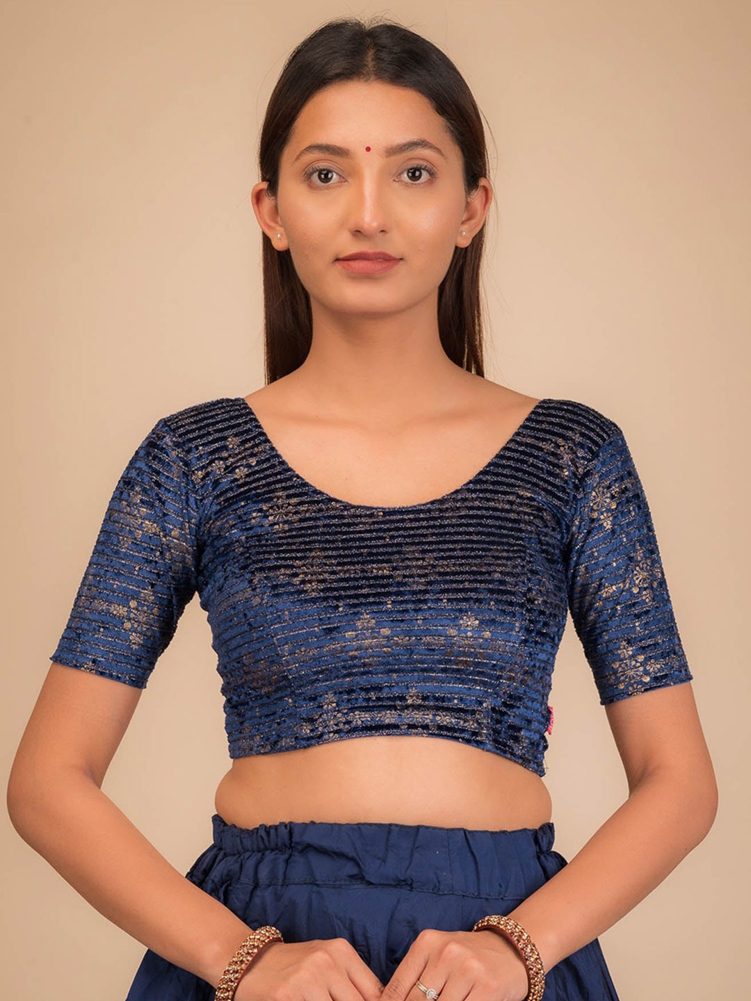 

Bindigasm's Advi Foil Printed Round Neck Velvet Saree Blouse, Navy blue