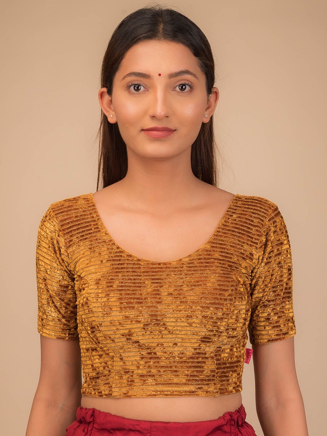 

Bindigasm's Advi Striped Zari Velvet Stretchable Princess Cut Saree Blouse, Gold