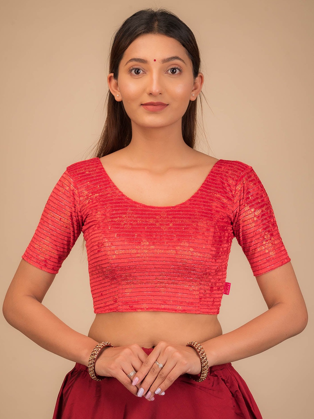 

Bindigasm's Advi Foil Printed Round Neck Velvet Saree Blouse, Red