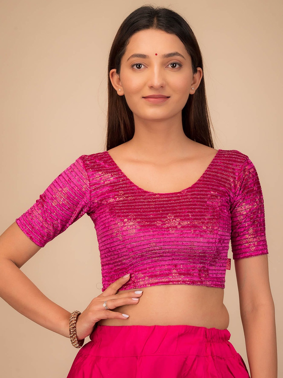 

Bindigasm's Advi Foli Printed Round Neck Velvet Saree Blouse, Pink