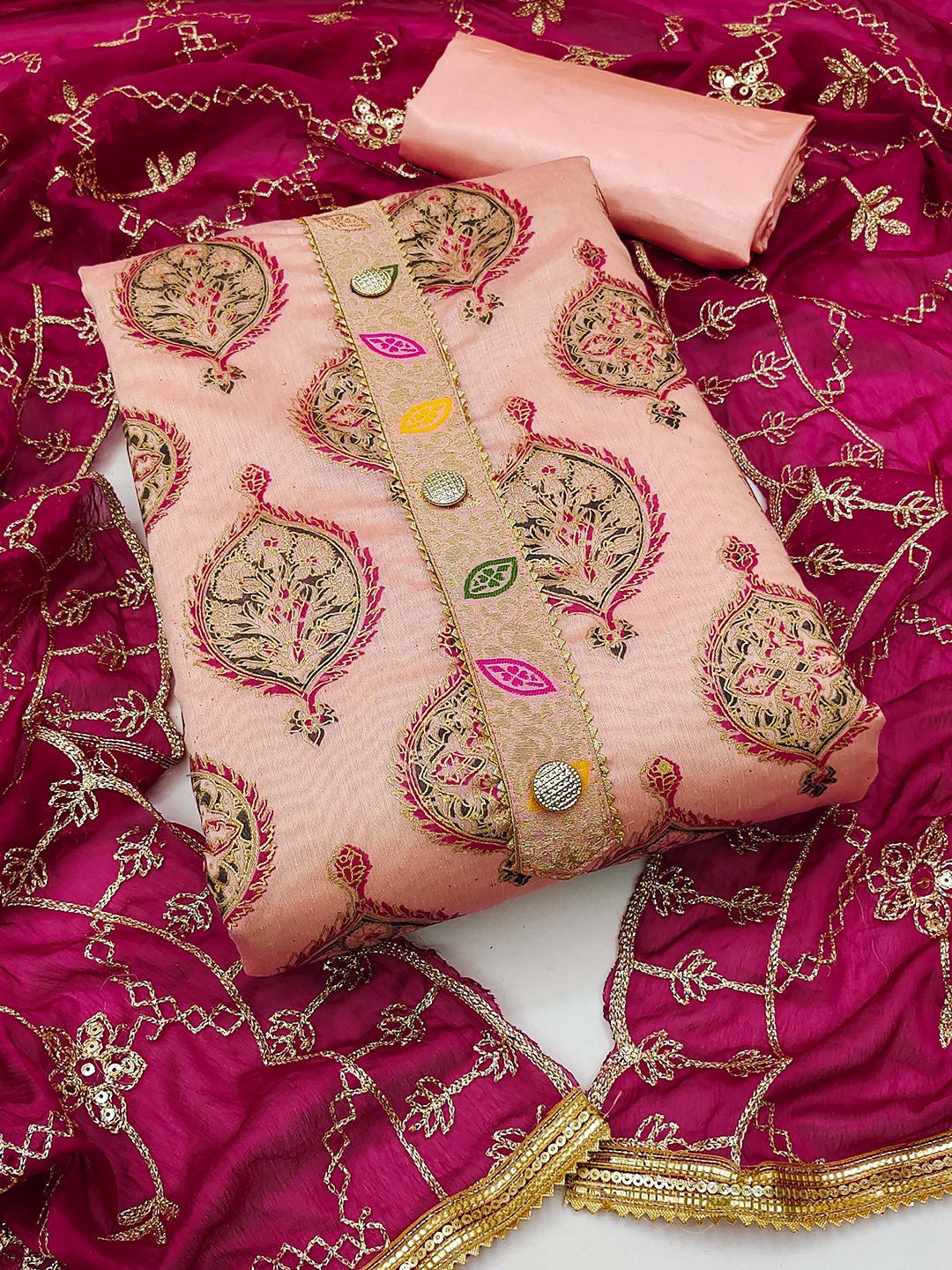 

KALINI Ethnic Motifs Printed Unstitched Dress Material, Peach