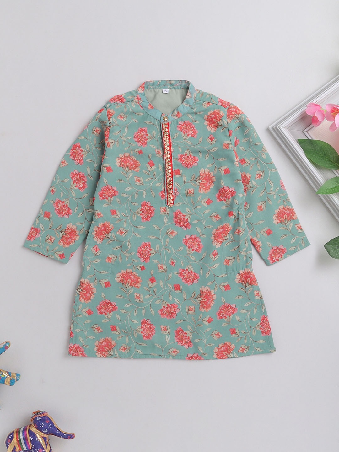 

The Magic Wand Boys Floral Printed Band Collar A-Line Kurta, Green