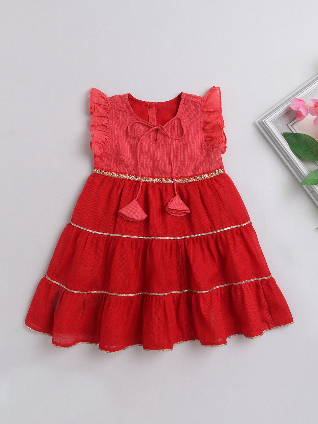 

The Magic Wand Girls Embellished Ruffled Fit & Flared Dress, Red