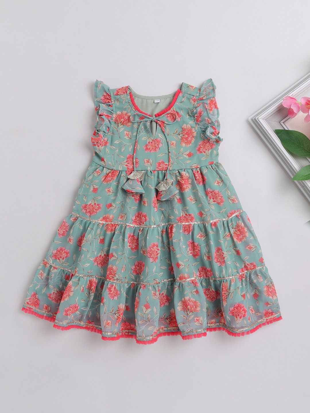 

The Magic Wand Girls Floral Printed Ruffled Fit & Flare Dress, Green
