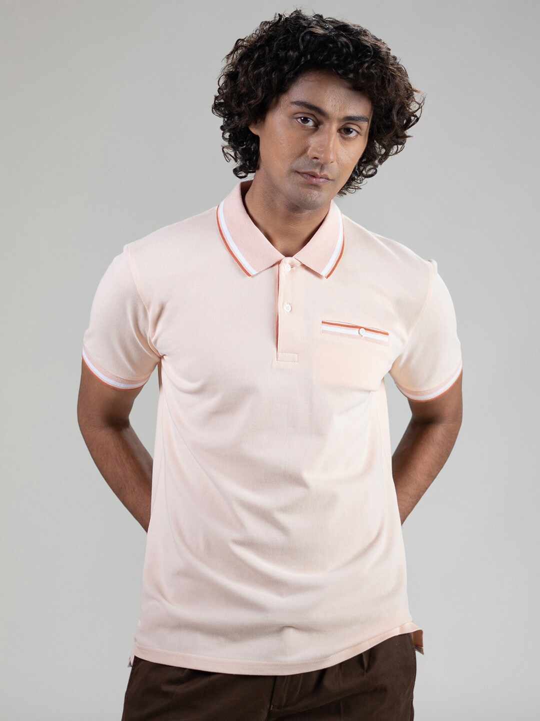 

SUBTRACT Regular Fit Polo Collar Pure Cotton Casual T-shirt, Peach