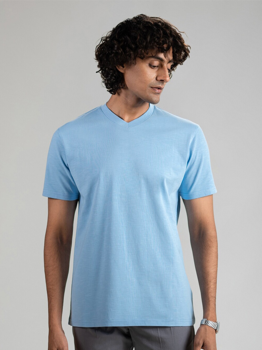 

SUBTRACT V-Neck Pure Cotton T-shirt, Blue