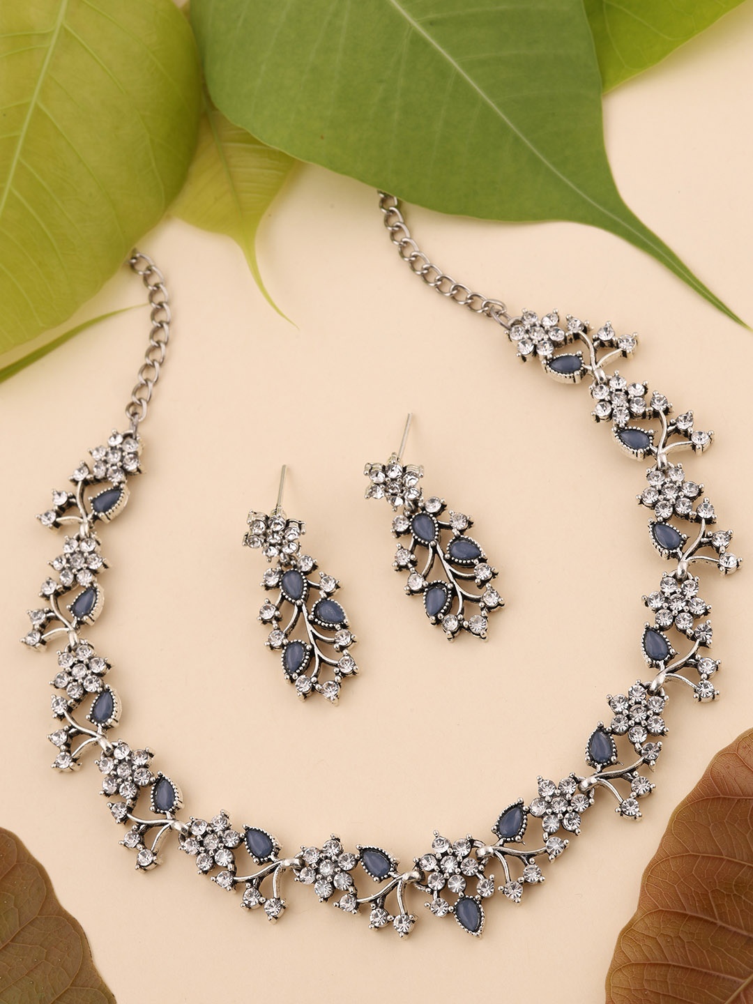 

Brado Jewellery Oxidised Silver-Plated AD-Studded Necklace & Earrings Set