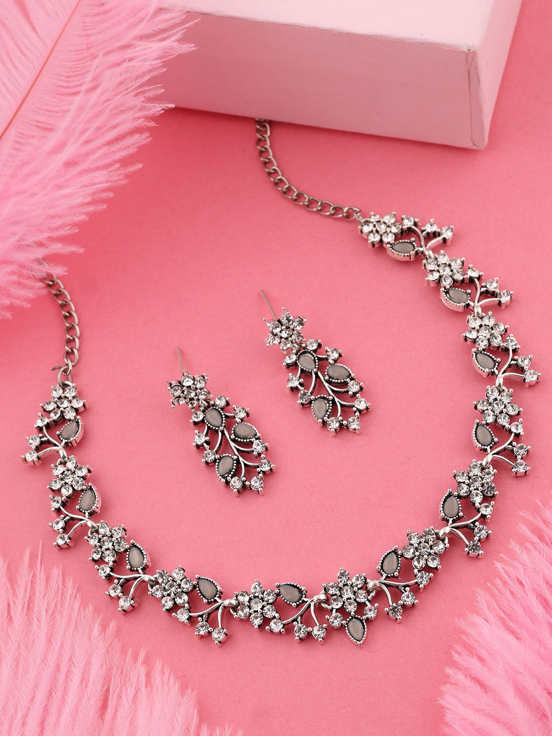 

Brado Jewellery Oxidised Silver-Plated AD-Studded Necklace & Earrings Set