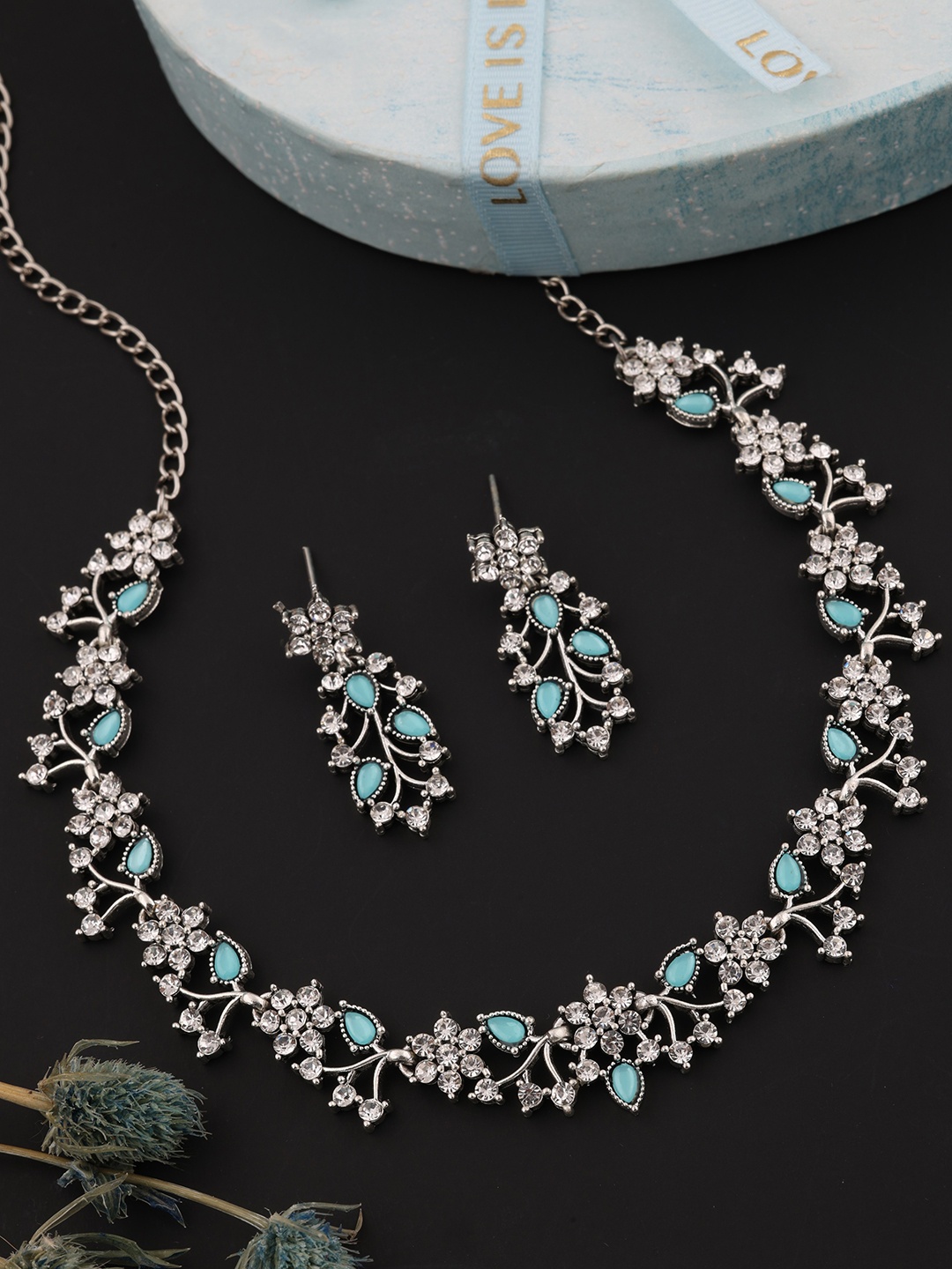 

Brado Jewellery Silver-Plated Oxidised AD Studded Necklace & Earrings Set