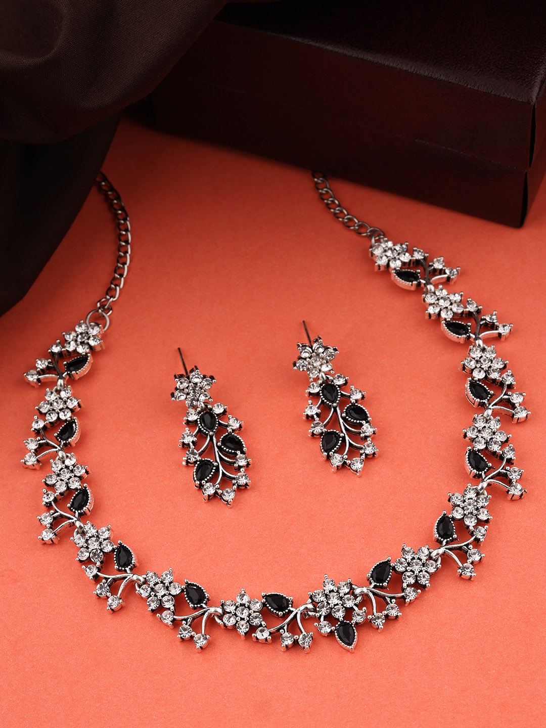 

Brado Jewellery Oxidised Silver-Plated AD-Studded Necklace & Earrings Set