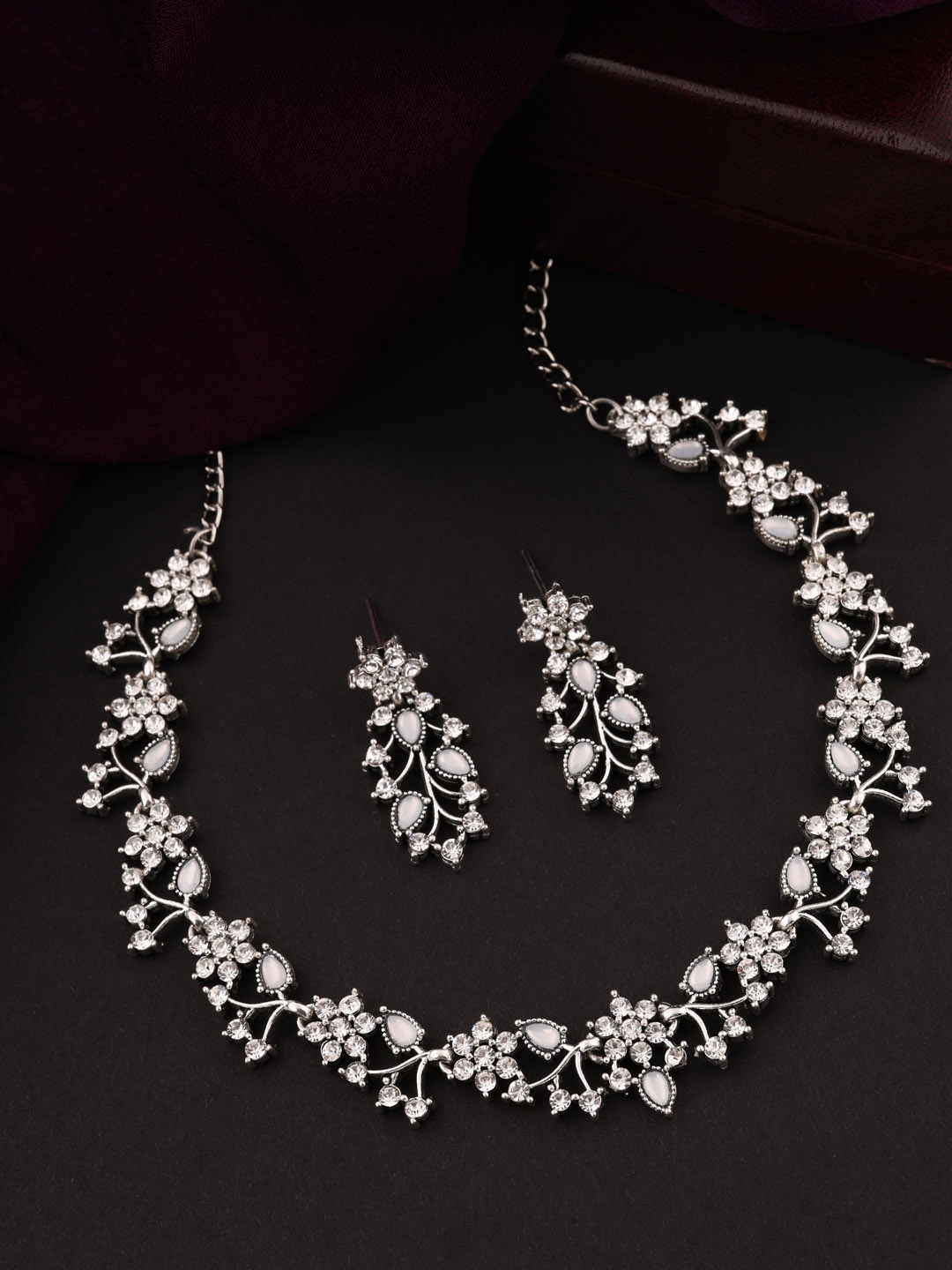 

Brado Jewellery Silver-Plated Oxidised AD Studded Necklace & Earrings Set