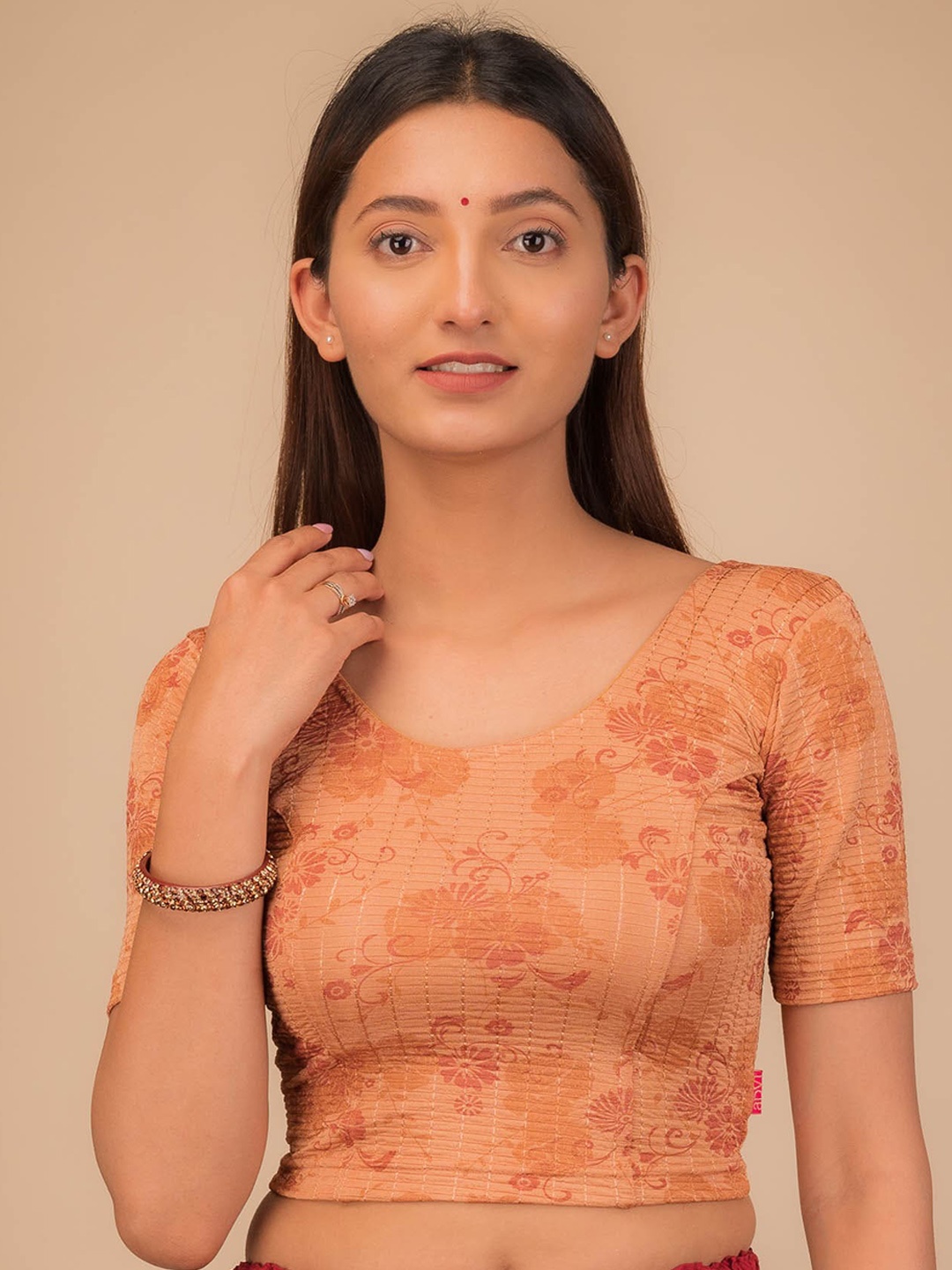 

Bindigasm's Advi Floral Printed Jacquard Stretchable Saree Blouse, Copper