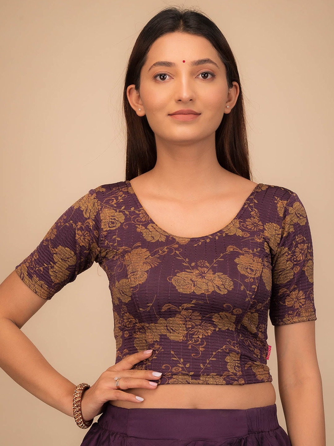 

Bindigasm's Advi Floral Printed Jacquard Stretchable Saree Blouse, Purple