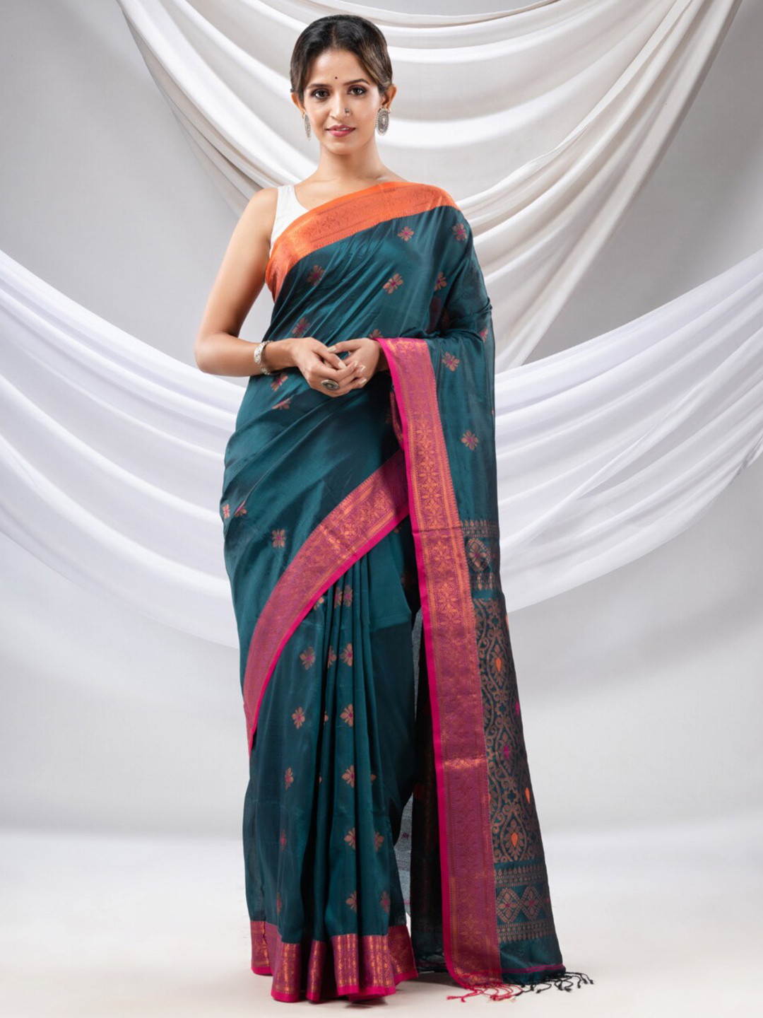 

Charukriti Ethnic Motifs Woven Design Zari Silk Blend Saree, Teal