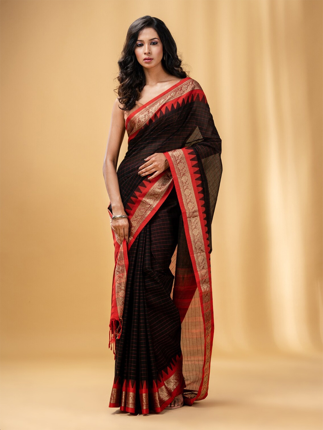 

Charukriti Checked Zari Detailed Pure Cotton Saree, Black