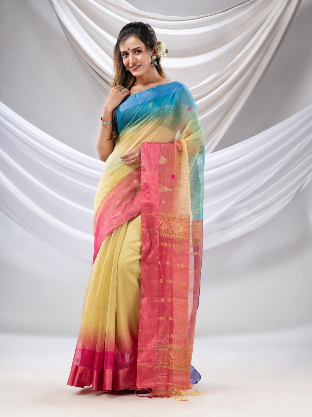 

Charukriti Ethnic Motifs Woven Design Zari Ikat Saree, Yellow