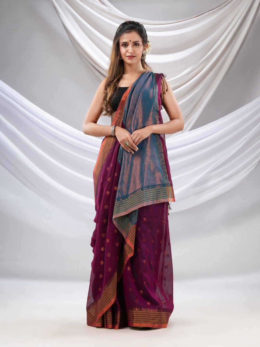 

Charukriti Ethnic Motifs Woven Design Zari Pure Cotton Saree, Purple