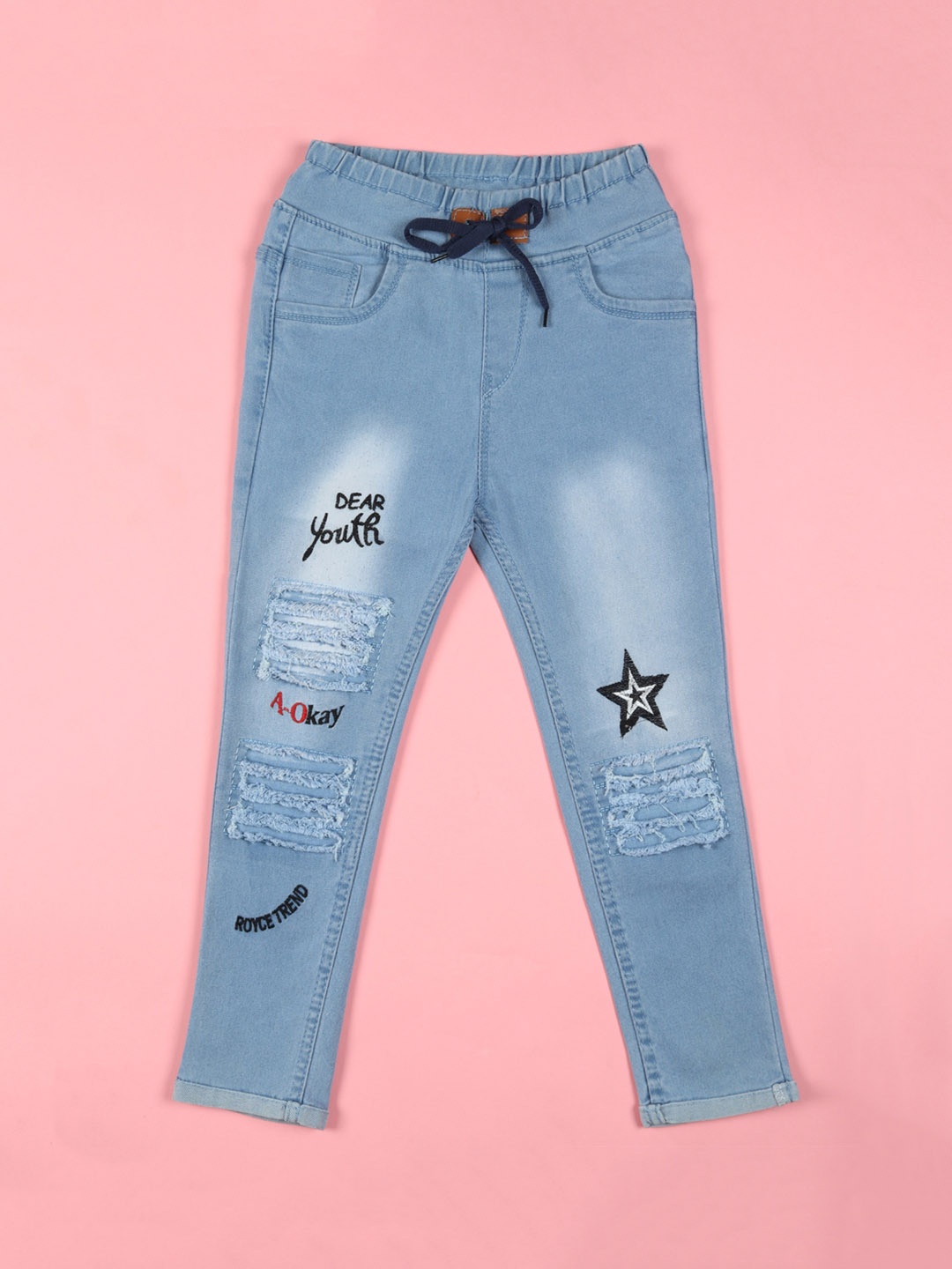 

F2M Boys Slim Fit High-Rise Mildly Distress Heavy Fade Embroidered Jeans, Blue