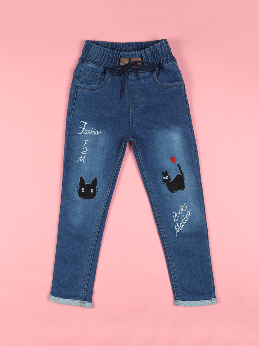 

F2M Boys Slim Fit Embroidered Light Fade Jeans, Blue