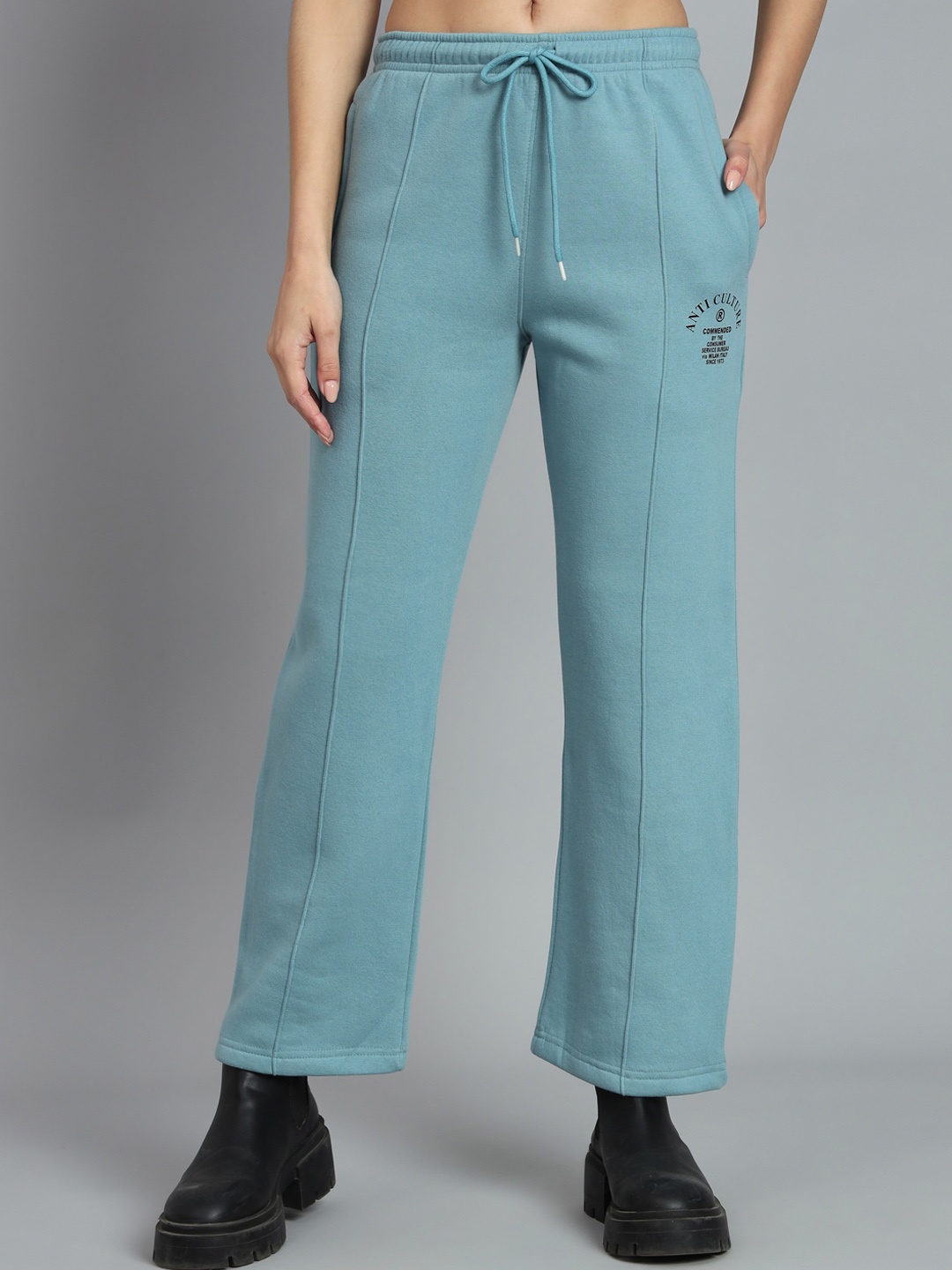 

ANTI CULTURE Women Printed Detail Fleece Track Pants, Blue