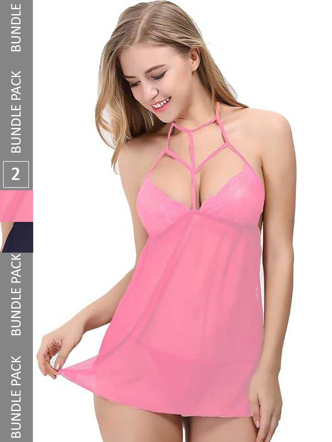 

AROUSY Pack of 2 Self Design Halter Neck Net Baby Doll, Navy blue