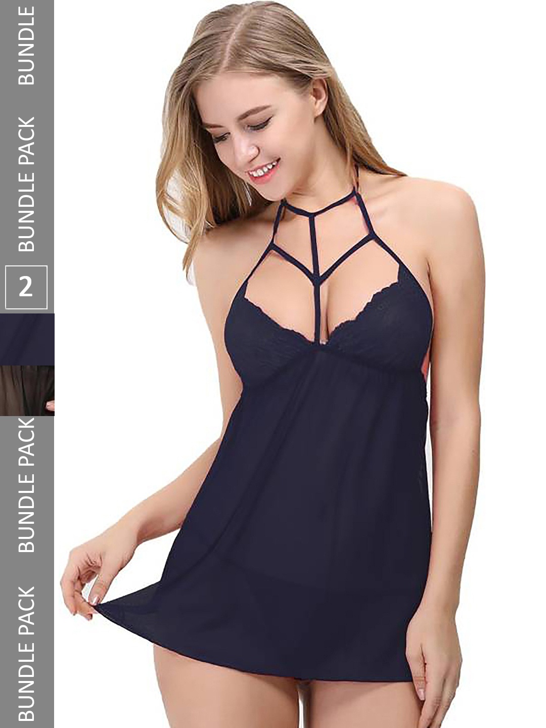 

AROUSY Pack of 2 Self Design Halter Neck Net Baby Doll, Black