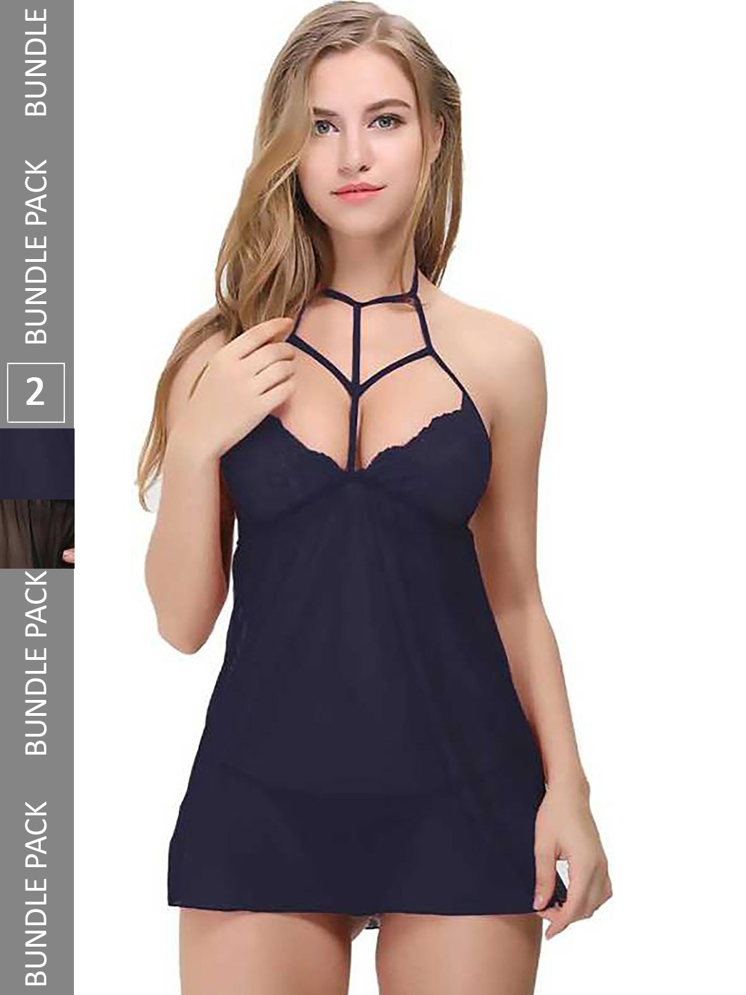 

AROUSY Pack of 2 Self Design Halter Neck Net Baby Doll, Black