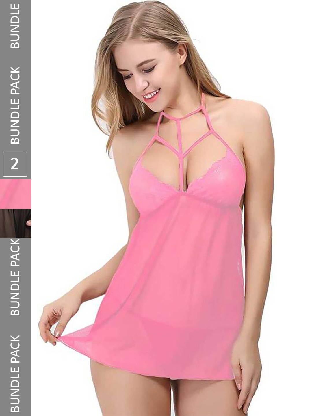 

AROUSY Pack of 2 Self Design Halter Neck Net Baby Doll, Pink