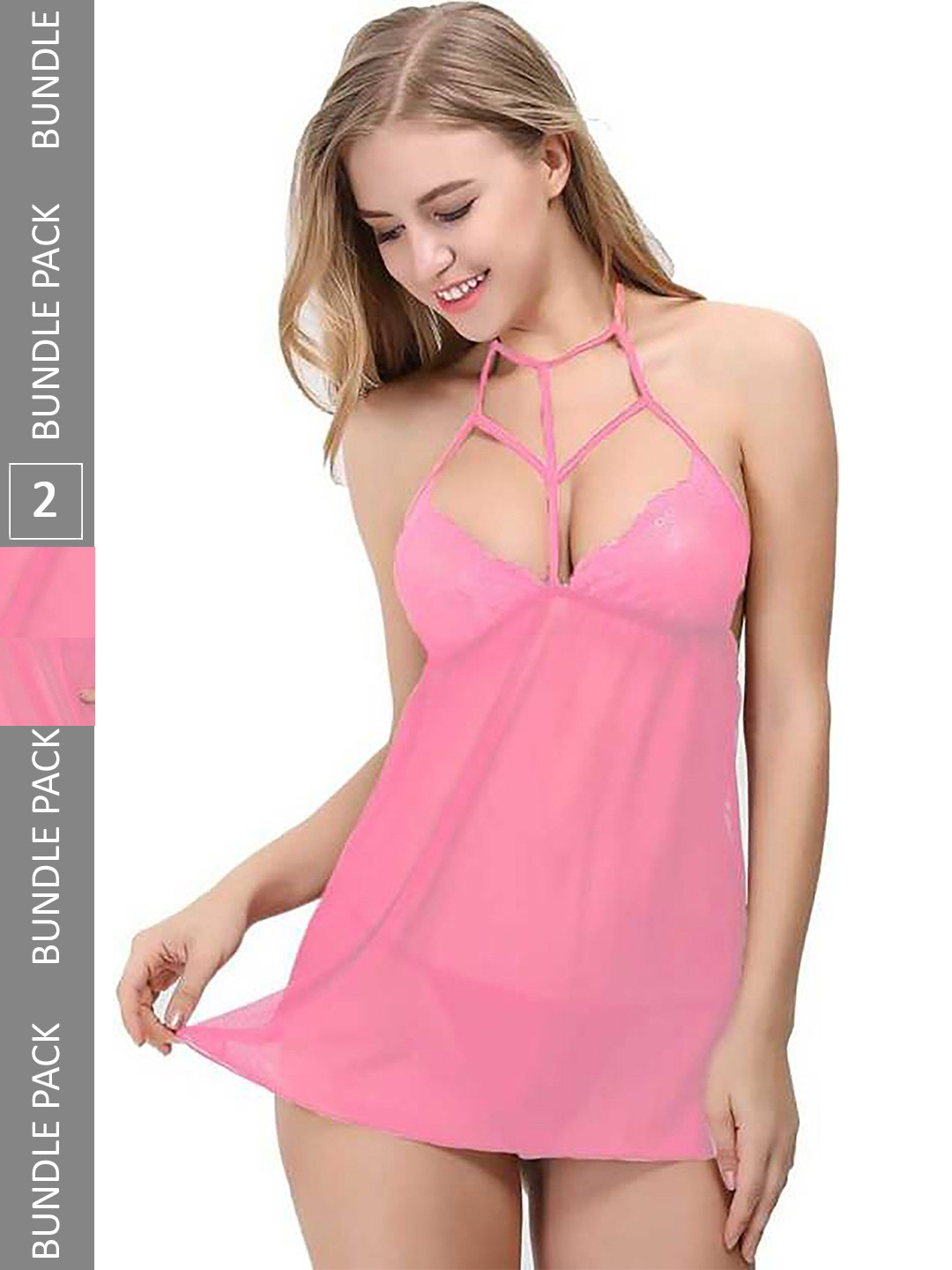 

AROUSY Pack of 2 Self Design Halter Neck Net Baby Doll, Pink