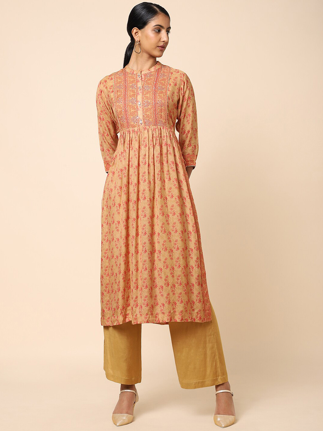 

House Of Dharaa Ethnic Motifs Printed Pleated Chanderi Silk Kurta with Trousers, Rust