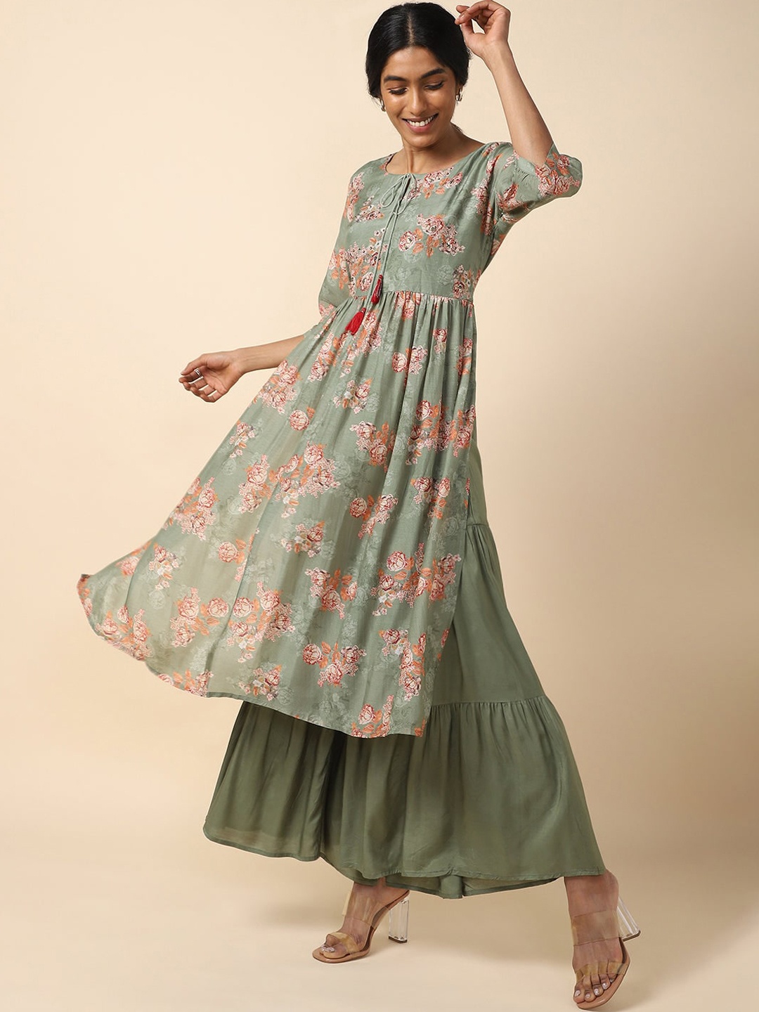 

House Of Dharaa Floral Printed Empire Kurta with Skirt, Green