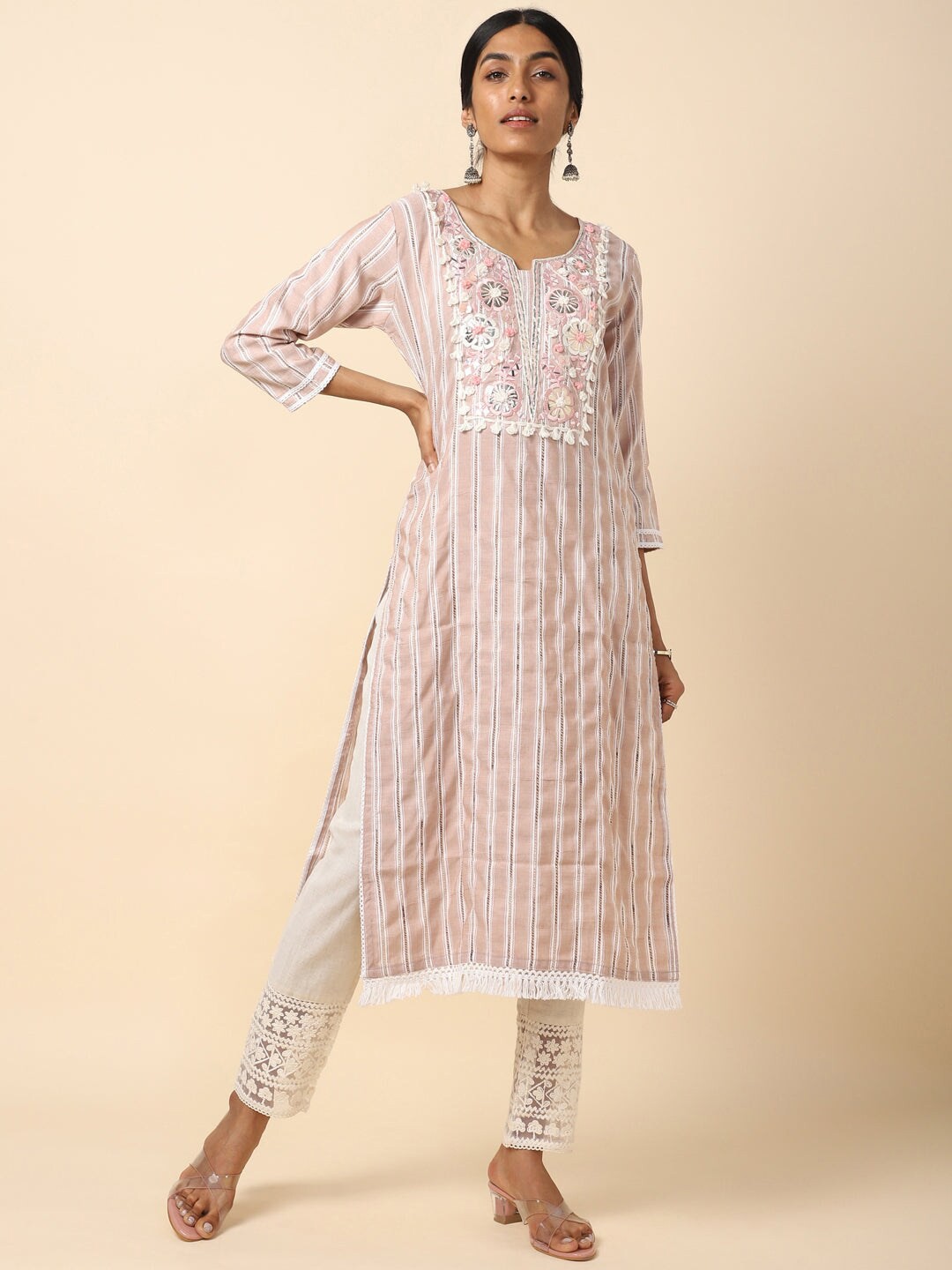 

House Of Dharaa Striped Regular Thread Work Pure Cotton Kurta with Pyjamas, Peach