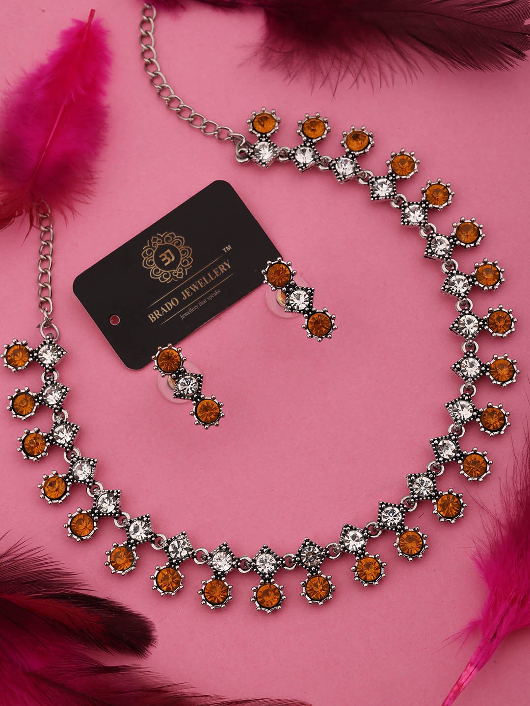 

Brado Jewellery Oxidised Silver-Plated AD-Studded Necklace & Earrings Set