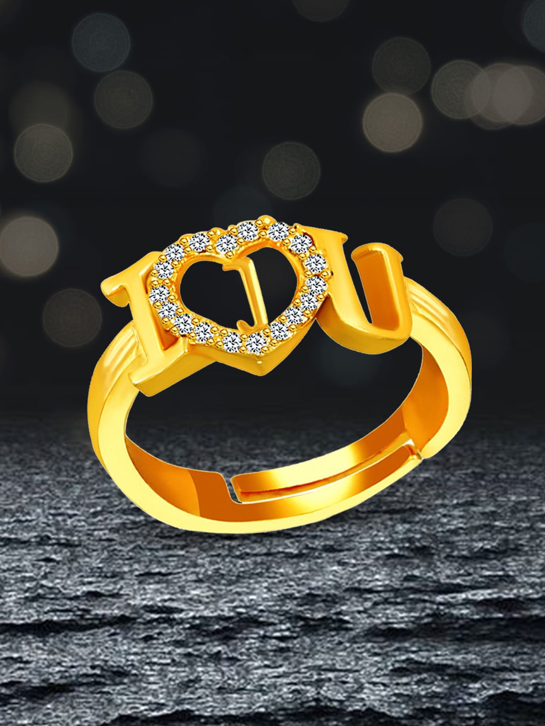 

MEENAZ Gold-Plated AD-studded J Alphabet I Love You Ring Adjustable Ring