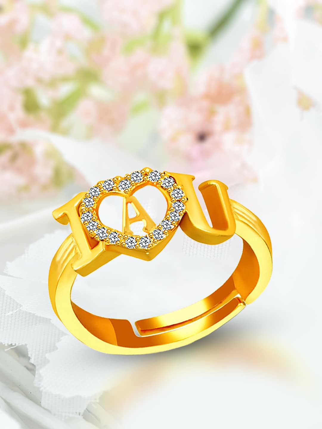 

MEENAZ Gold-Plated AD-Studded A Alphabet I Love You Ring Adjustable Ring