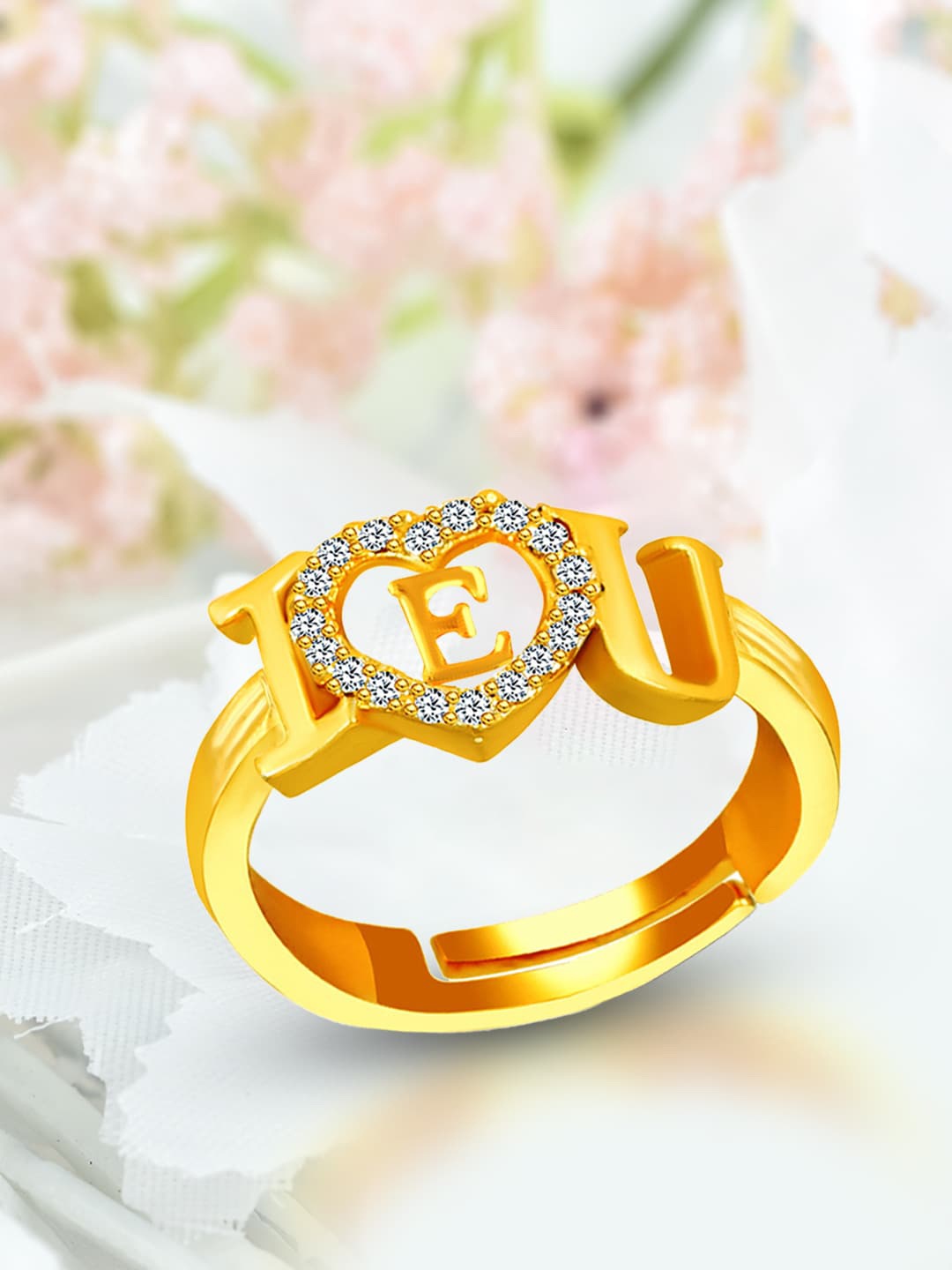 

MEENAZ Gold-Plated AD-studded E Alphabet I Love You Adjustable Ring