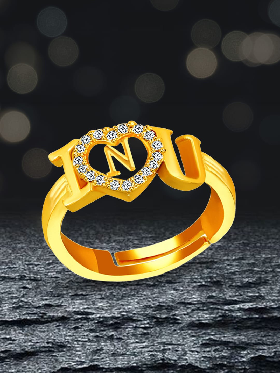 

MEENAZ Gold-Plated AD-studded N Alphabet I Love You Ring Adjustable Ring